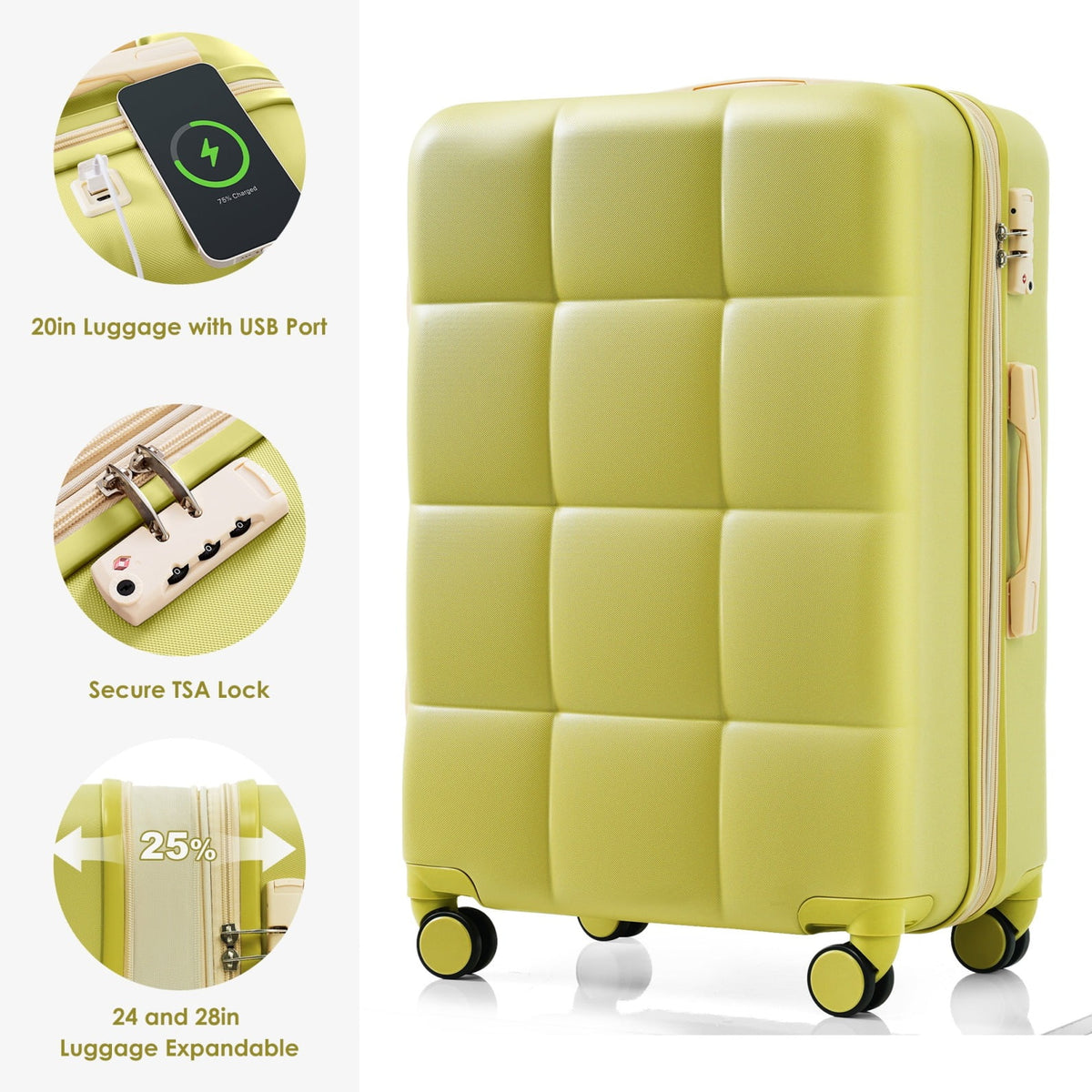 3 Piece Luggage Set , 20/24/28 inches Suitcase Set , ABS Hardshell Expandable Luggage Sets with TSA Lock,20-inch with USB Port, Carry On Luggage for Men Women, Pink