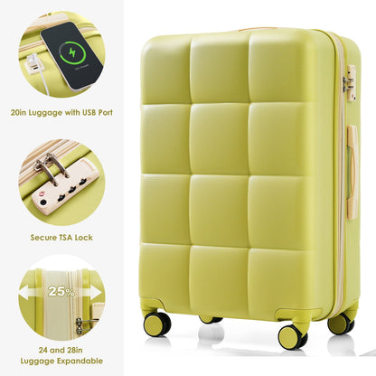 3 Piece Luggage Set , 20/24/28 inches Suitcase Set , ABS Hardshell Expandable Luggage Sets with TSA Lock,20-inch with USB Port, Carry On Luggage for Men Women, Pink