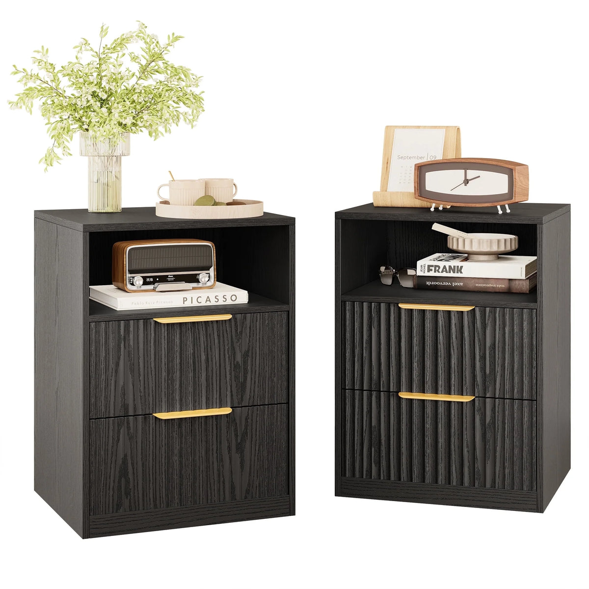LIKIMIO Nightstand Set of 2, Fluted Bedside Table with Drawer Storage, Modern End Table Bedside Stand for Bedroom Living Room Office, Black