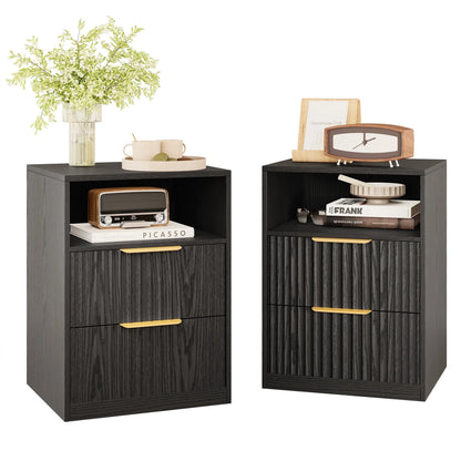 LIKIMIO Nightstand Set of 2, Fluted Bedside Table with Drawer Storage, Modern End Table Bedside Stand for Bedroom Living Room Office, Black