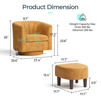 LINSY HOME Swivel Accent Chair with Ottoman, Velvet Barrel Chair for Living Room, Blue