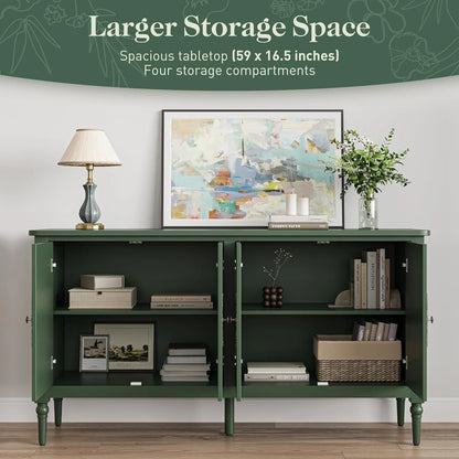 May in Color Console Cabinet, 58'' Wood Sideboard Buffet Cabinet with Storage & 4 Doors, Mid Century Modern Pantry Cabinet for Entryway, Living Room, Bedroom, Dining Room, Green