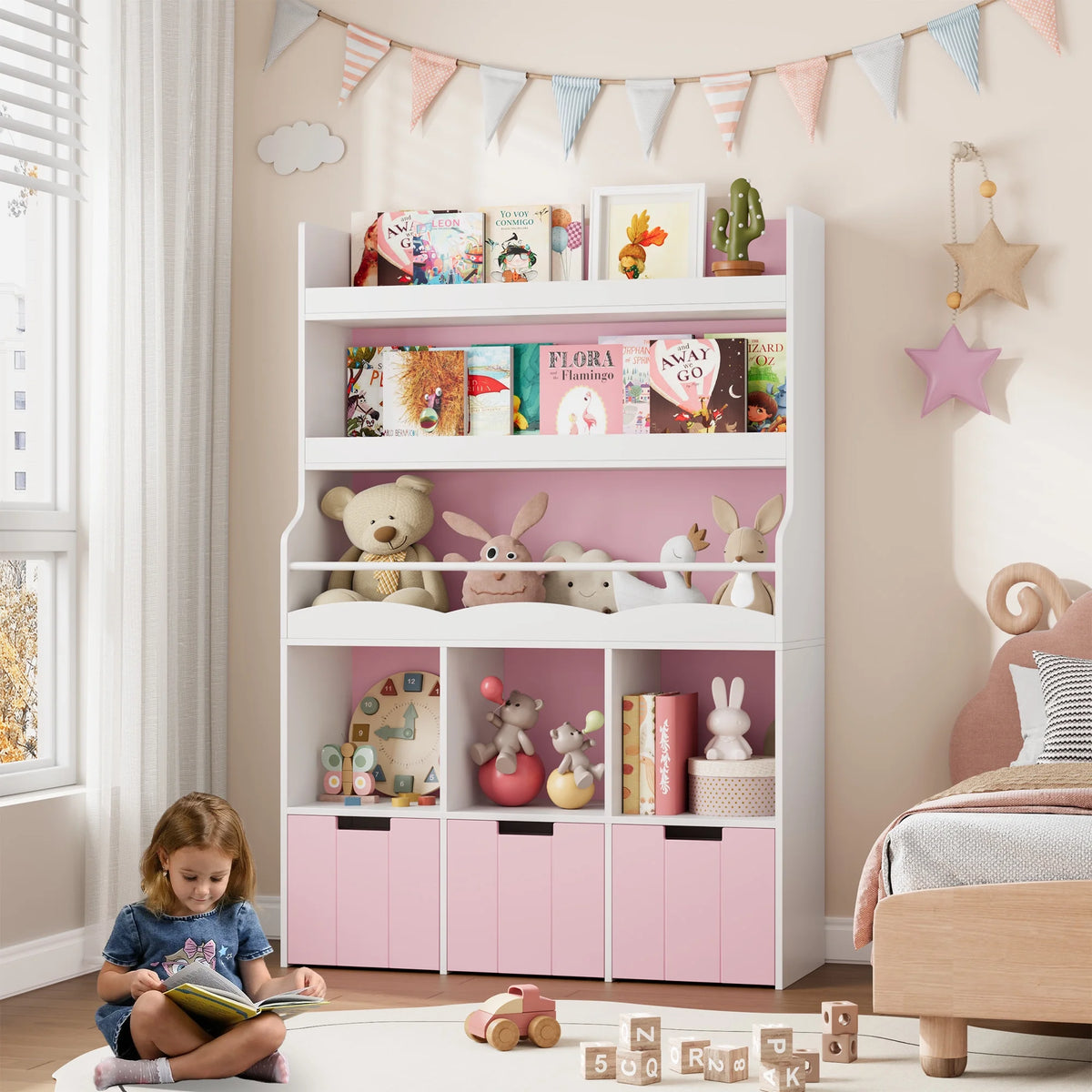Homfa 55.5�� H Kids Bookshelf with 2-Tier Book Shelves, Children Toy Organizer with 3 Cubes and Removable Drawers, White