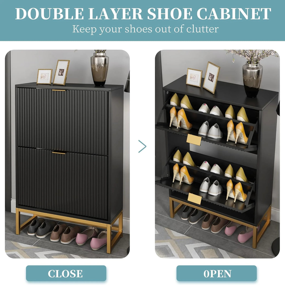 Oubayajia Modern Shoe Storage Cabinet, Wood Shoe Rack Organizer with 2 Flip Drawers, Freestanding Narrow Shoe Cabinet for Entryway Hallway, Natural