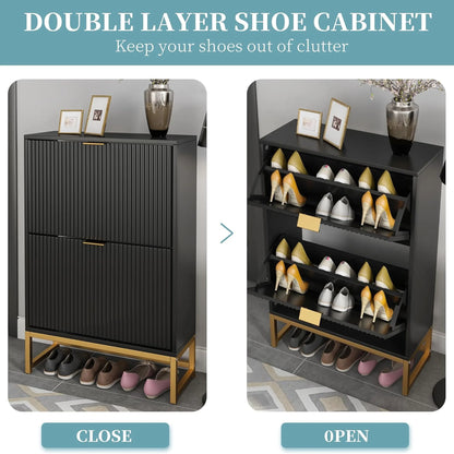Oubayajia Modern Shoe Storage Cabinet, Wood Shoe Rack Organizer with 2 Flip Drawers, Freestanding Narrow Shoe Cabinet for Entryway Hallway, Natural