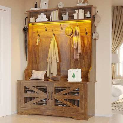 Hall Tree with Bench and Shoe Storage, 5-in-1 Entryway Bench with Coat Rack, 10 Shoe Cubbies & 9 Coat Hooks, Barn Door & Adjustable Shelf, Rustic Brown