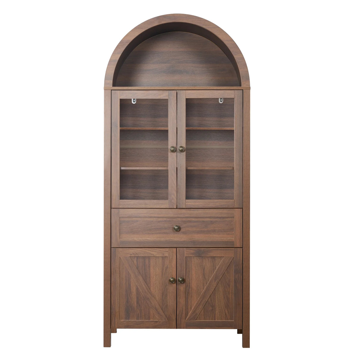 Lisonu 72" Arched Bookcase with Doors, Tall Dome Display Cabinet with Storage for Living Room or Home Office, Natural
