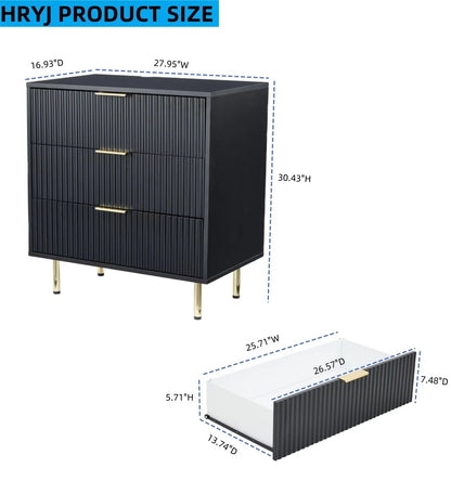 HRYJ White Large 3 Drawers Nightstand Dresser Fluted Wood Night Stand Bedside Table for Bedroom