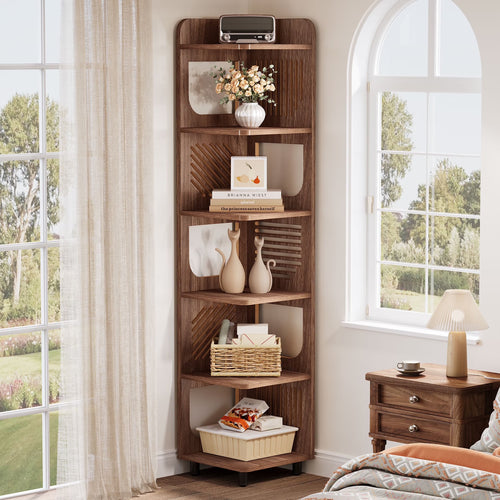 Fnova 71" 6-Tier Tall Corner Bookshelf, Rustic Wooden Narrow Corner Bookcase with Artistic Square Rack, Freestanding Display Storage Shelf for Space-Saving Home Organizing