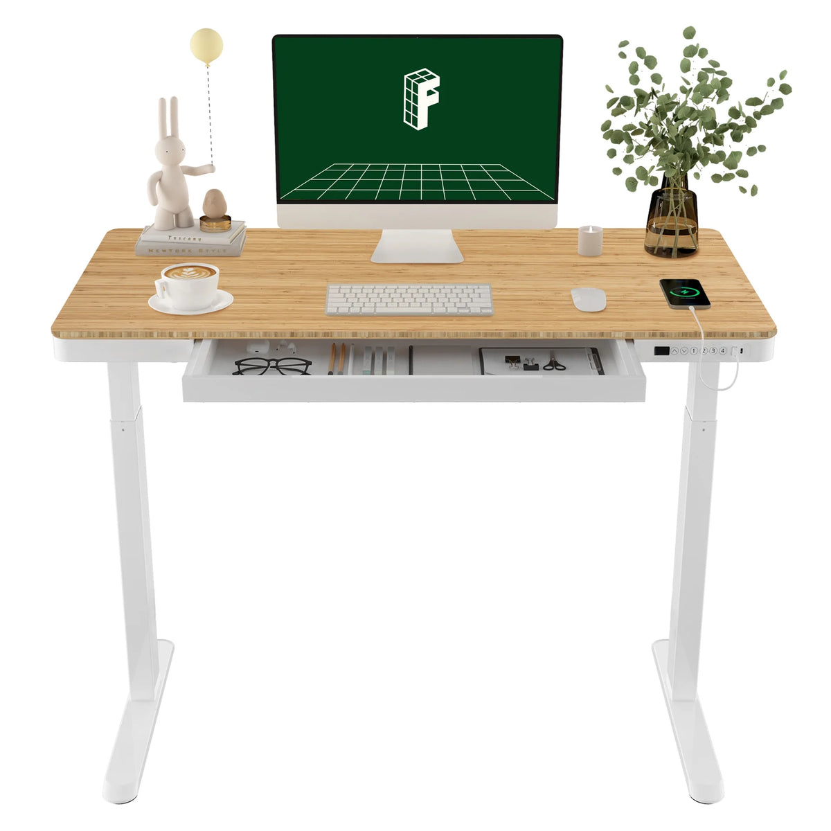 FLEXISPOT 48" W Home Office Height Adjustable Standing Desk White and Maple with USB Charge Ports and Embedded Drawer