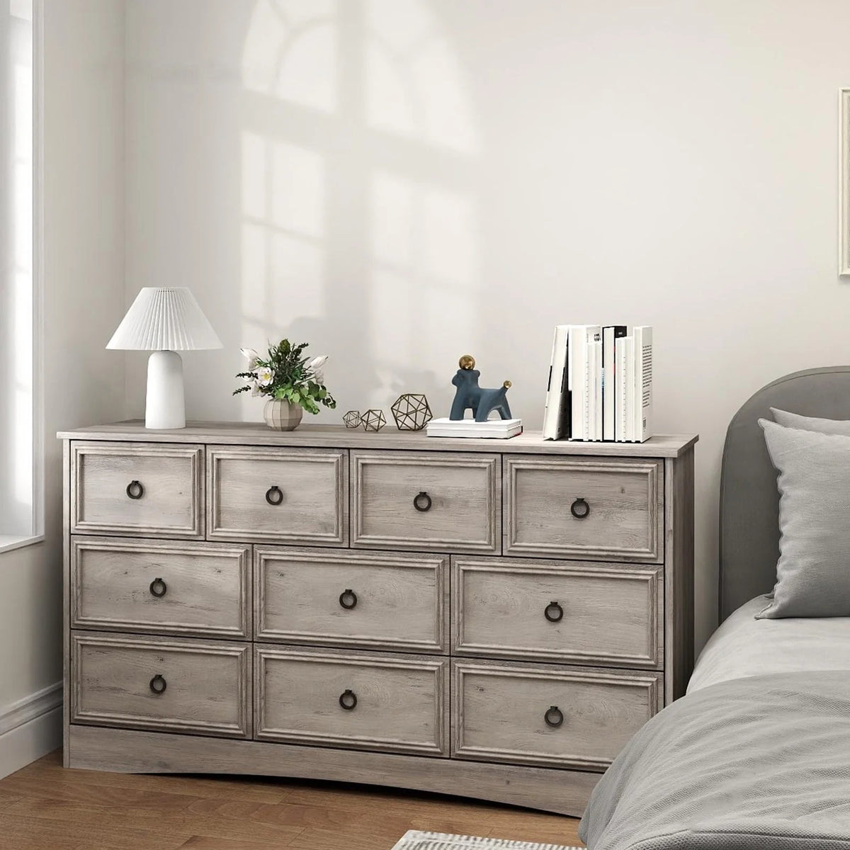 HUJAUU Dresser TV Stand with 10 Drawers Dresser for Bedroom, Wood Chest of Drawers Storage Organizer for Living Room, Hallway, Gray