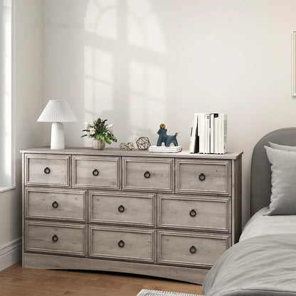 HUJAUU Dresser TV Stand with 10 Drawers Dresser for Bedroom, Wood Chest of Drawers Storage Organizer for Living Room, Hallway, Gray