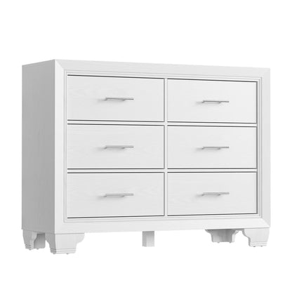Homhougo White Dresser for Bedroom 6 Drawer, Wood Organizer Storage Cabinet with Gray Strip Drawer Door, Chest of Drawers for Closet, Living Room, Hallway, Nursery, Kids Bedroom