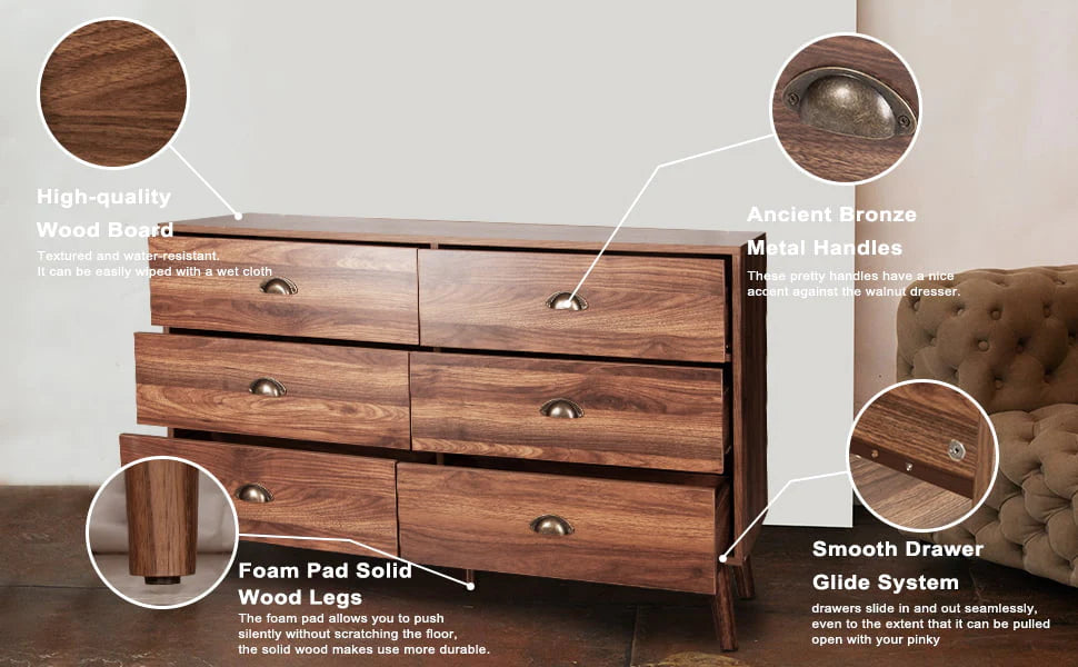 Polar Aurora Wood Dresser for Bedroom with 6 Drawers, Mid Century Modern Chests of Drawer with Metal Handles