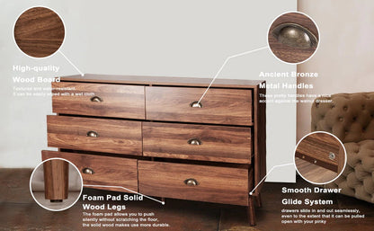 Polar Aurora Wood Dresser for Bedroom with 6 Drawers, Mid Century Modern Chests of Drawer with Metal Handles