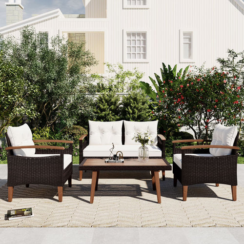 4 Piece Garden Furniture Set, Patio Seating Set with Wood Table, PE Rattan Sofa and 2 Chairs, Outdoor Conversation Set with Table Cover, Pillows and Adjustable Feet, Brown+Beige