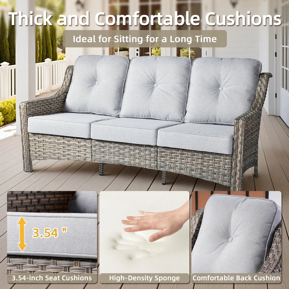 Ovios Outdoor Patio Sofa 3-Seater with Cushions All-Weather Wicker Rattan Couch for Garden, Porch, or Backyard