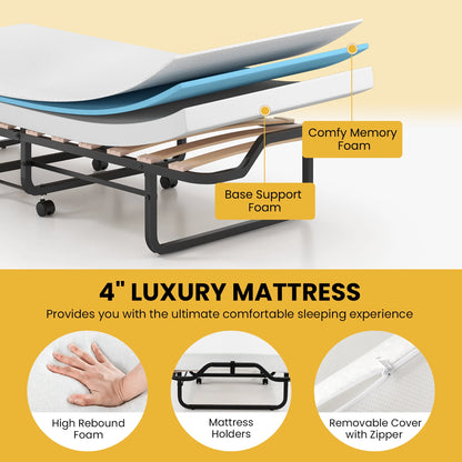 Gymax Portable Foldable Guest Bed w/ Solid Wood Slats & Metal Frame Rollaway Bed for Adults w/ Wheel