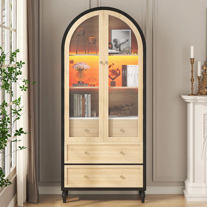 Arched Bookcase, Oak Arched Cabinet with Drawers, 71" Tall China Curio Cabinet, Display Cases for Collectibles, Vintage Bookshelf for Ding Room, Bedroom, Living Room