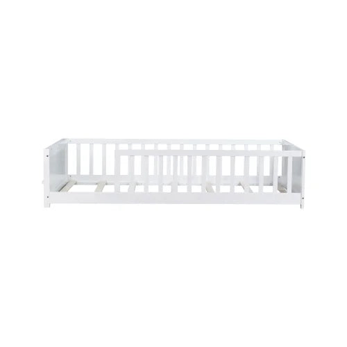 Bellemave Twin Size Floor Bed with Fence, Montessori Floor Twin Bed with Built-in Book Rack, Solid Wood Twin Bed with Slats and Safety Guardrails, Natural