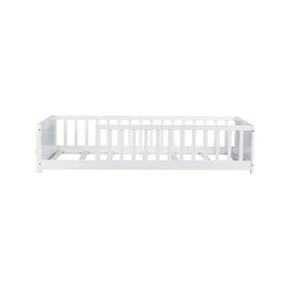 Bellemave Twin Size Floor Bed with Fence, Montessori Floor Twin Bed with Built-in Book Rack, Solid Wood Twin Bed with Slats and Safety Guardrails, Natural