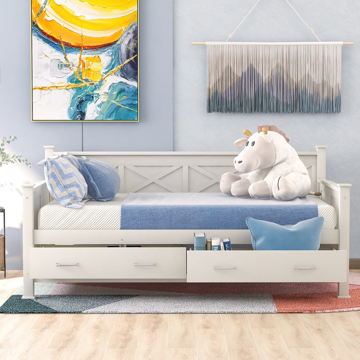 Euroco Twin Size Dayed with 2 Storage Drawers for Bedroom Low Profile Platform Bed, White