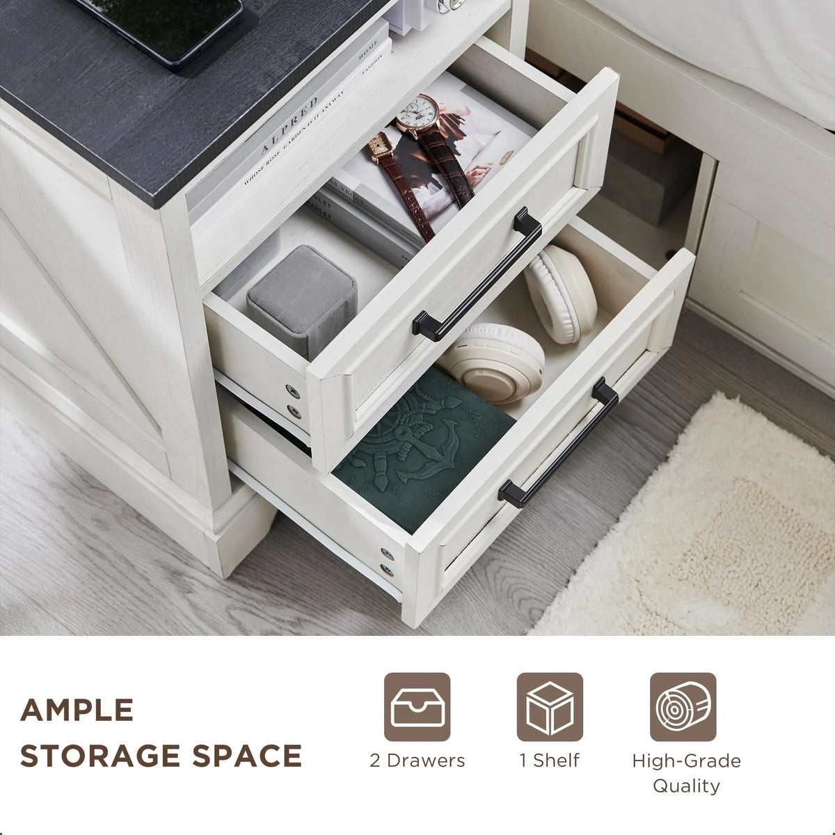 ACCOHOHO Nightstands Set of 2 with Charging Station, Rustic End Table with 2 Drawers Farmhouse Side Table with 3-tier Storage for Bedroom Living Room, White