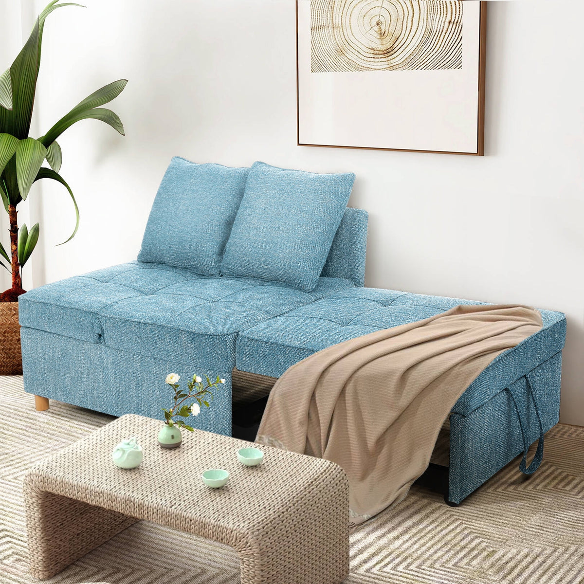 SEJOV 4-in-1 Convertible Sleeper Chair Bed, Linen Sofa Bed for Small Space, Futon Sofa with 2 Throw Pillows for Living Room, Single Recliner with 5 Adjustable Backrest for Bedroom Apartment, Brown