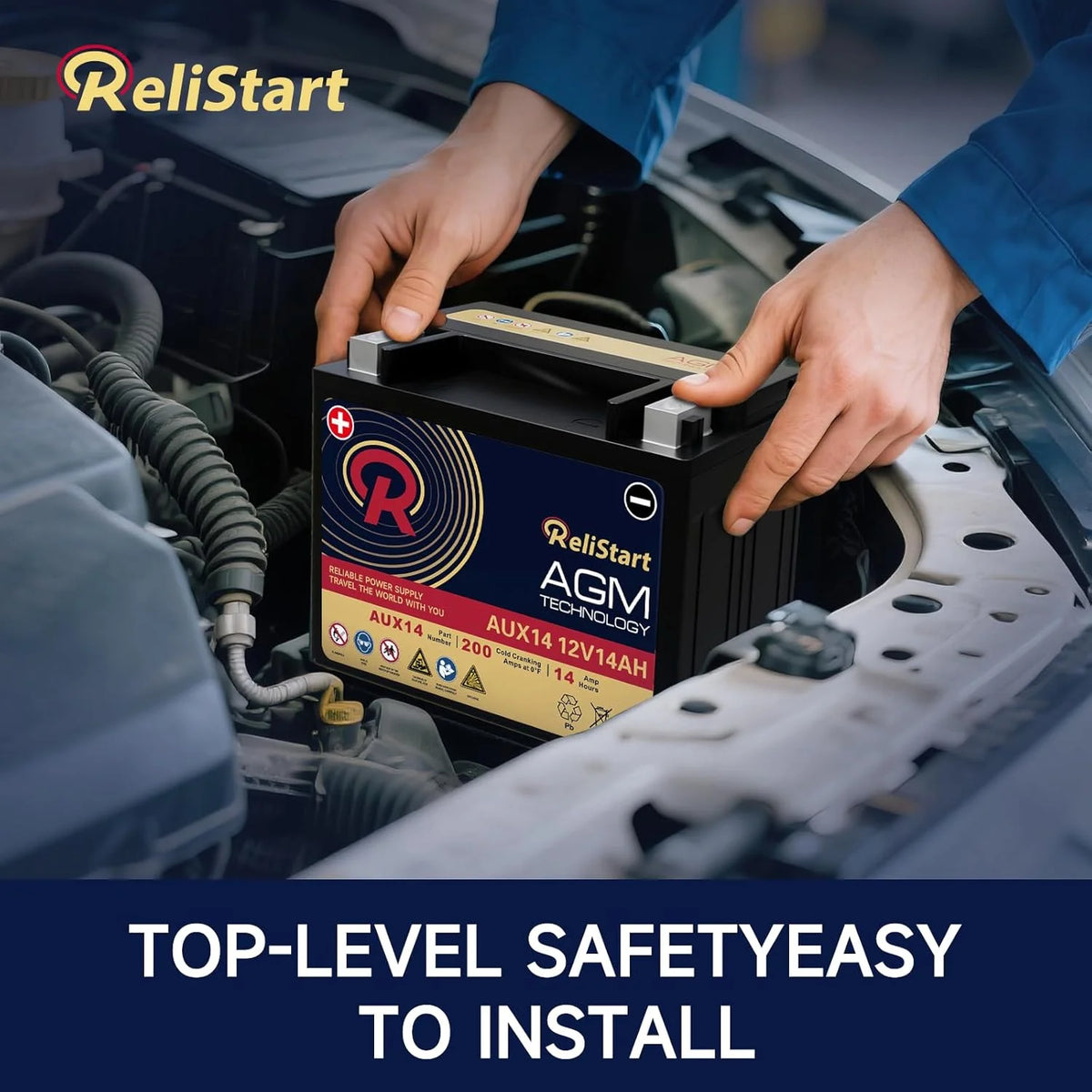 Relistart AUX14 Auxiliary Battery, 12V 14Ah AGM Battery, 200CCA, Rechargeable AGM Car Battery, Maintenance Free 36 Months Warranty