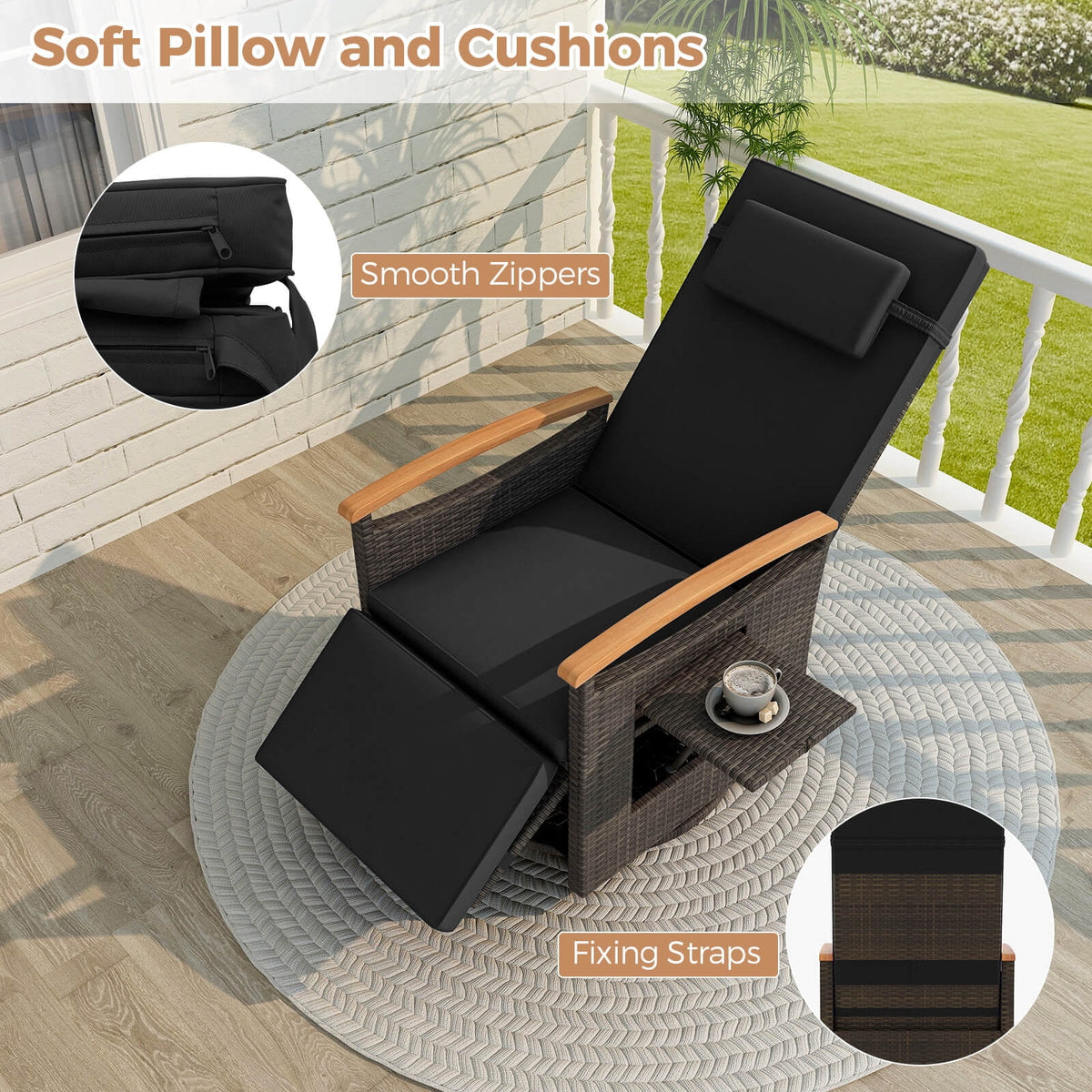 Costway Outdoor 360�� Swivel Rattan Recliner Chair Patio Wicker Chaise Lounge Chair Beige