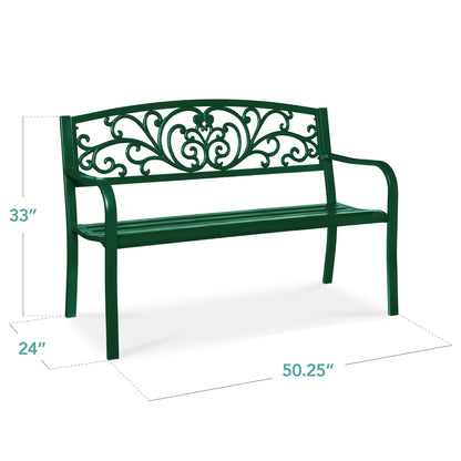 Best Choice Products Outdoor Steel Bench Garden Patio Porch Furniture w/ Floral Design Backrest - Black