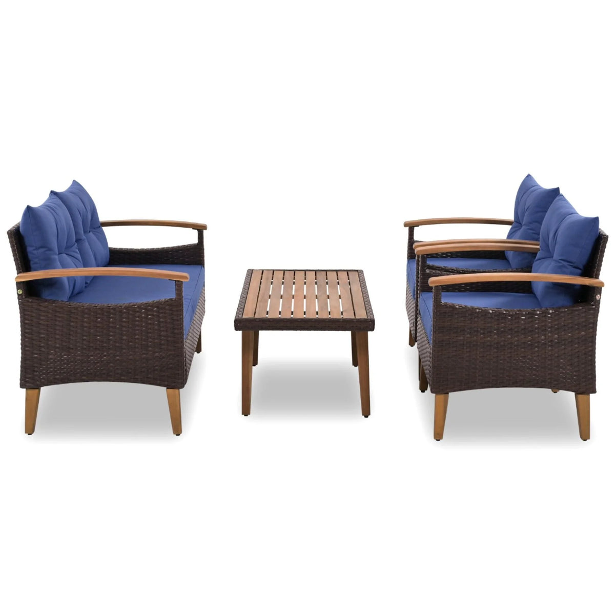 4 Piece Garden Furniture Set, Patio Seating Set with Wood Table, PE Rattan Sofa and 2 Chairs, Outdoor Conversation Set with Table Cover, Pillows and Adjustable Feet, Brown+Beige