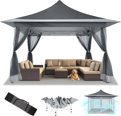 COBIZI 12x12 Outdoor Gazebo Pop Up Gazebo Canopy with Mosquito Netting Patio Tent Backyard Canopy with 2-Tiered Vented Top 3 Adjustable Height, Beige