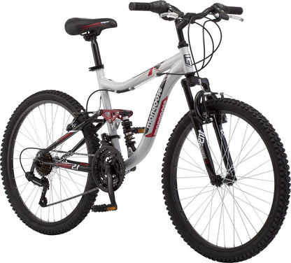 Mongoose Ledge 2.1 Mountain Bike. 24-inch wheels. 21 speeds. boys frame. Silver/Red