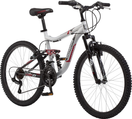 Mongoose Ledge 2.1 Mountain Bike. 24-inch wheels. 21 speeds. boys frame. Silver/Red