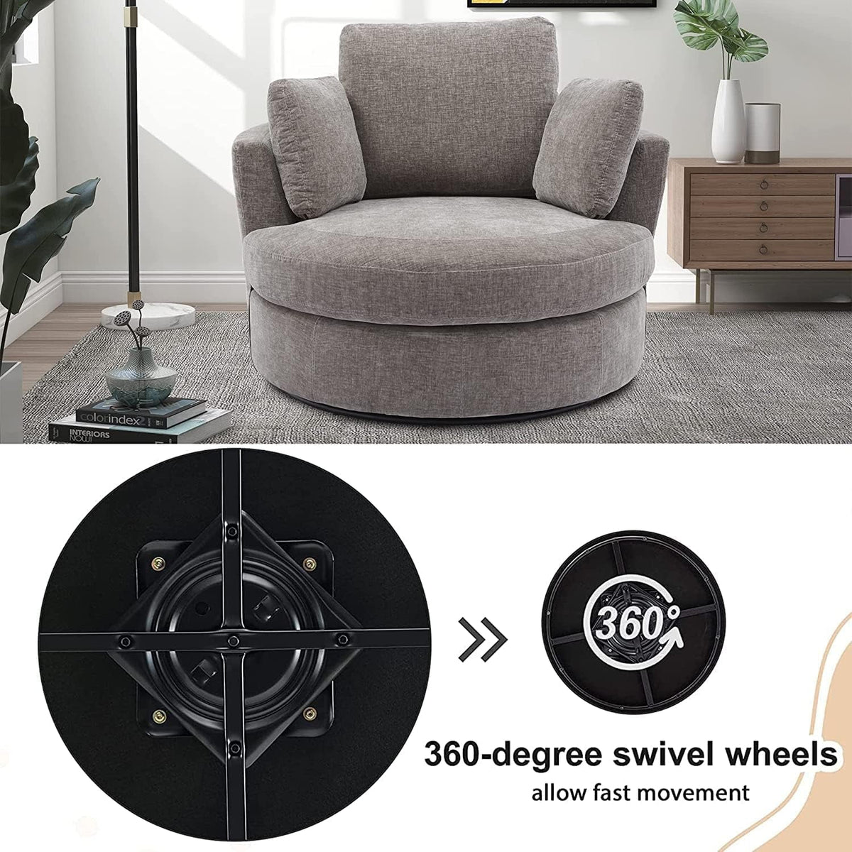 42" W Small Loveseat Sofa Couch, Swivel Barrel Chairs for Bedroom 360 Degree Swivel Accent Chairs for Living Room, Chenille Fabric Club Chair Chaises Lounges for Living Room/Office/Hotel, Grey