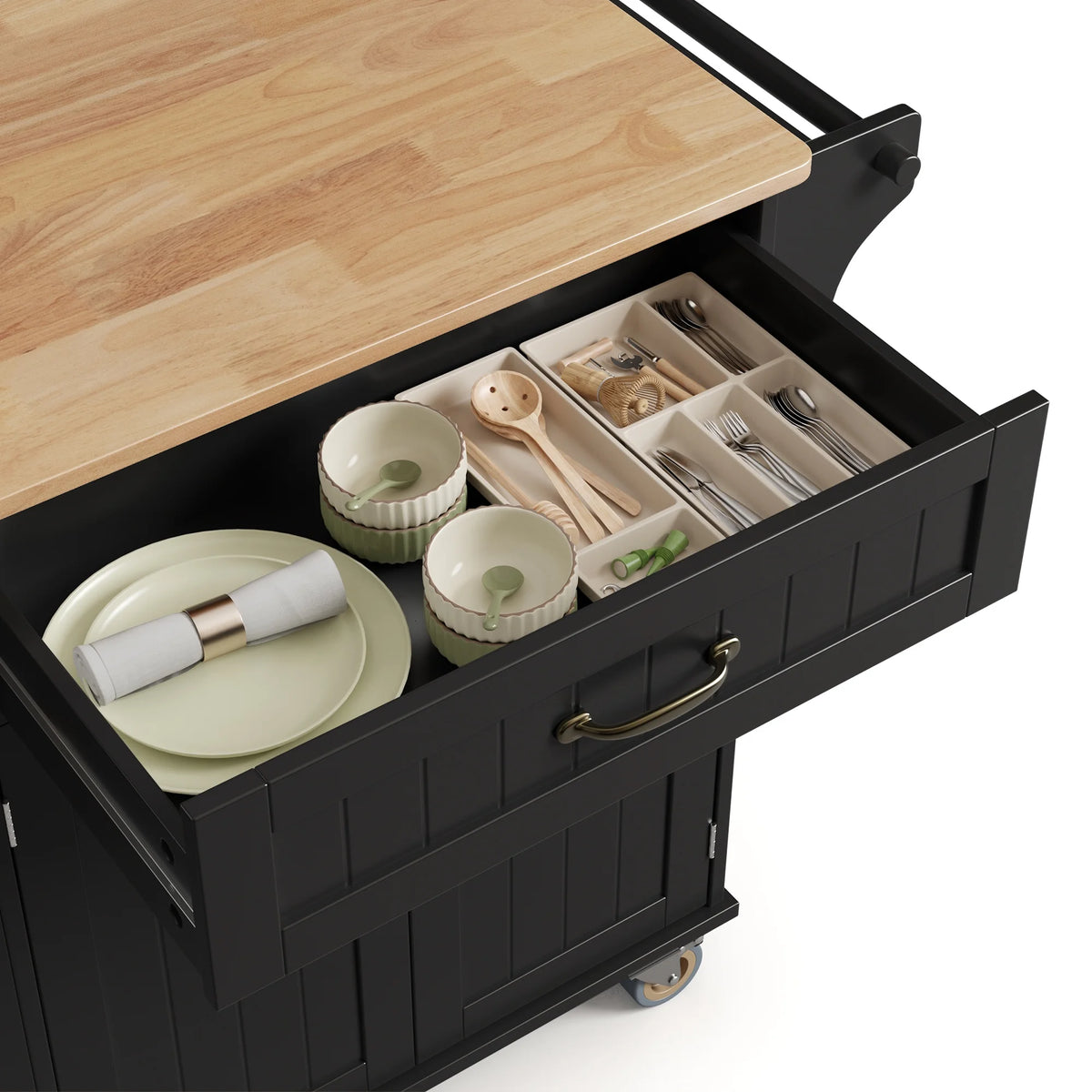 Noelse Rolling Kitchen Island with Drop Leaf Table and Hidden Trash Cabinet, Mobile Kitchen Cart with Storage Drawer, Adjustable Shelves & Rubberwood Countertop on Wheels, White