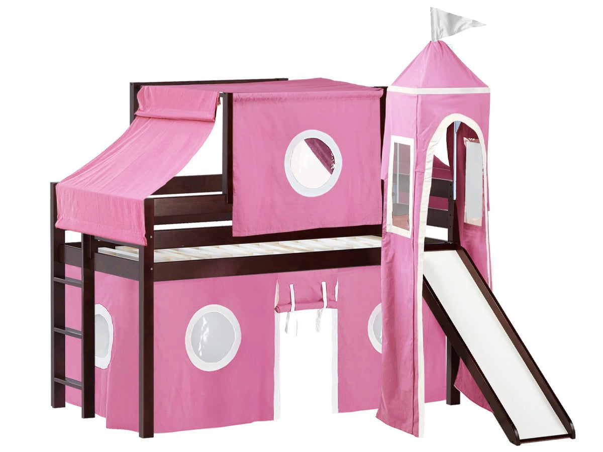 JACKPOT! Castle Low Loft Bed with Slide, Red Yellow and Blue Tent and Tower, Twin, Cherry