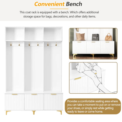 Euroco Modern Hall Tree with High Gloss Fluted Doors, Gold Accents, Shoe Storage & Bench a?? Entryway Organizer with Cubbies and Coat Hooks