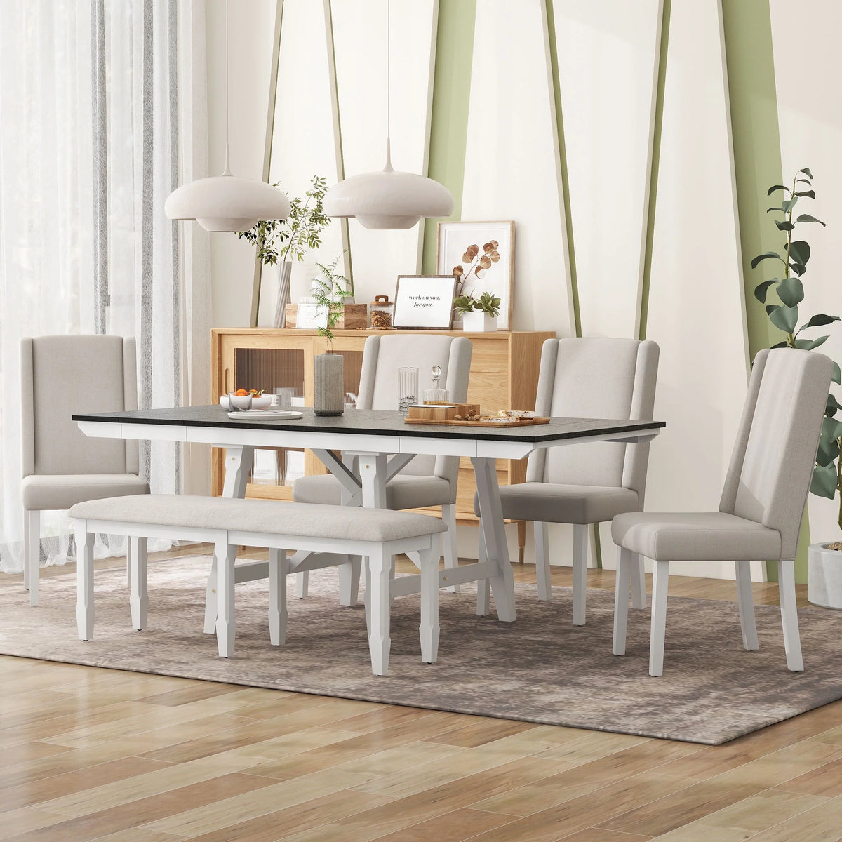6 Piece Extendable Dining Table Set, Atumon Wood Dining Room Set for 6, Dining Table Set with 4 Beige Cushioned Chairs and Bench, Farmhouse Dining Table Set Furniture for Kitchen Dining Room, Natural