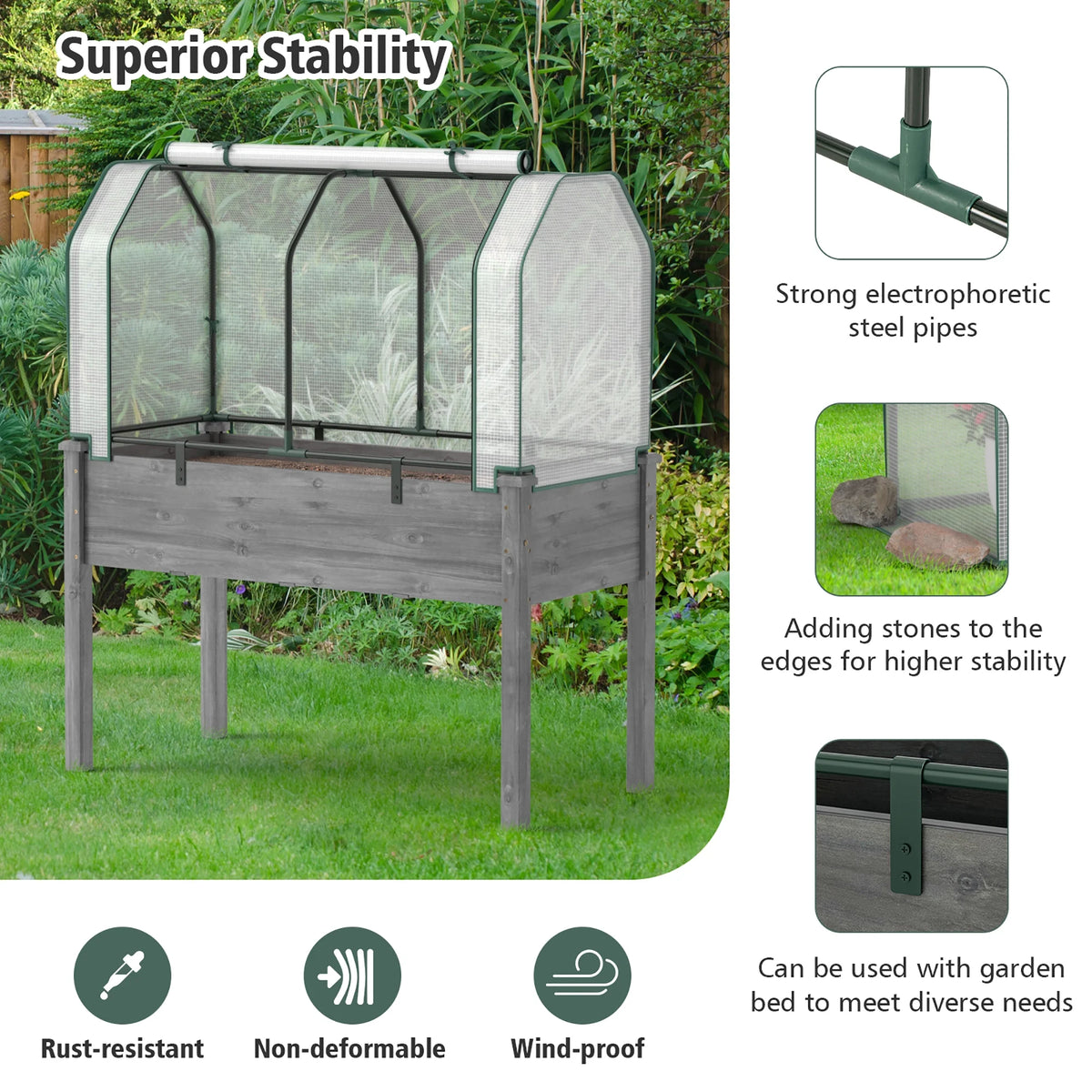 Costway Raised Garden Bed with Dual Zipper Door Greenhouse for Patios and Backyards Natural