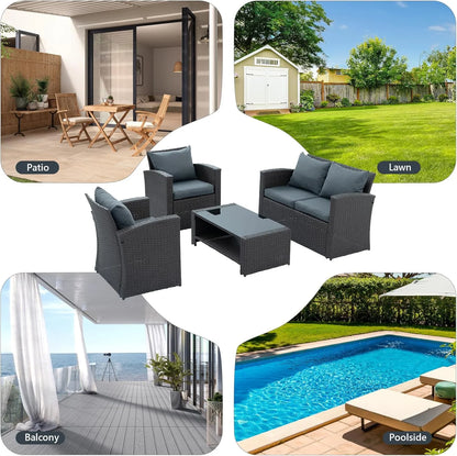 7 Piece Patio Furniture Sets Outdoor Sectional PE Rattan Outdoor Furniture Patio Conversation Set with Cushions and Glass Coffee Table, for Balcony Lawn and Garden, Gray