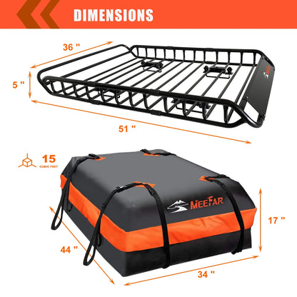 MeeFar Universal Rooftop Roof Rack Steel Cargo Carrier Basket Size 51" X 36" X 5" + Soft Shell Waterproof Cargo Bag 15 Cu.ft (44" 34" 17") Combo