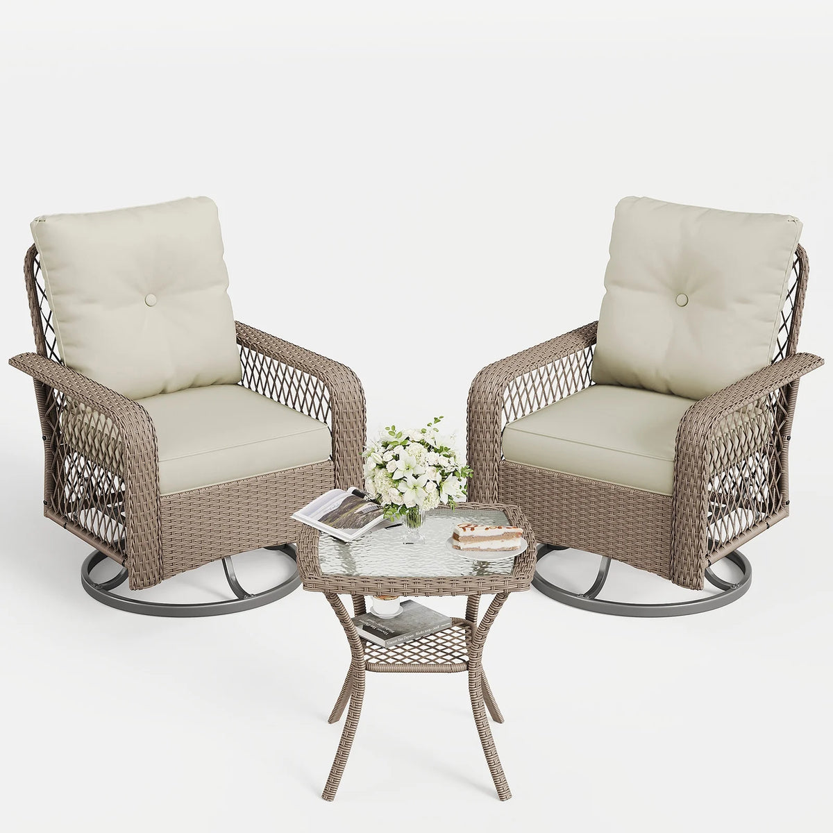 ELPOSUN 3 Pieces Patio Furniture Set, Outdoor Swivel Gliders Rocker, Wicker Patio Bistro Set with Rattan Rocking Chair, Glass Top Side Table and Thickened Cushions for Porch Deck Backyard
