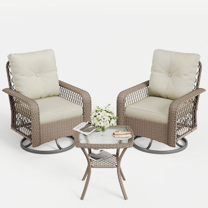 ELPOSUN 3 Pieces Patio Furniture Set, Outdoor Swivel Gliders Rocker, Wicker Patio Bistro Set with Rattan Rocking Chair, Glass Top Side Table and Thickened Cushions for Porch Deck Backyard