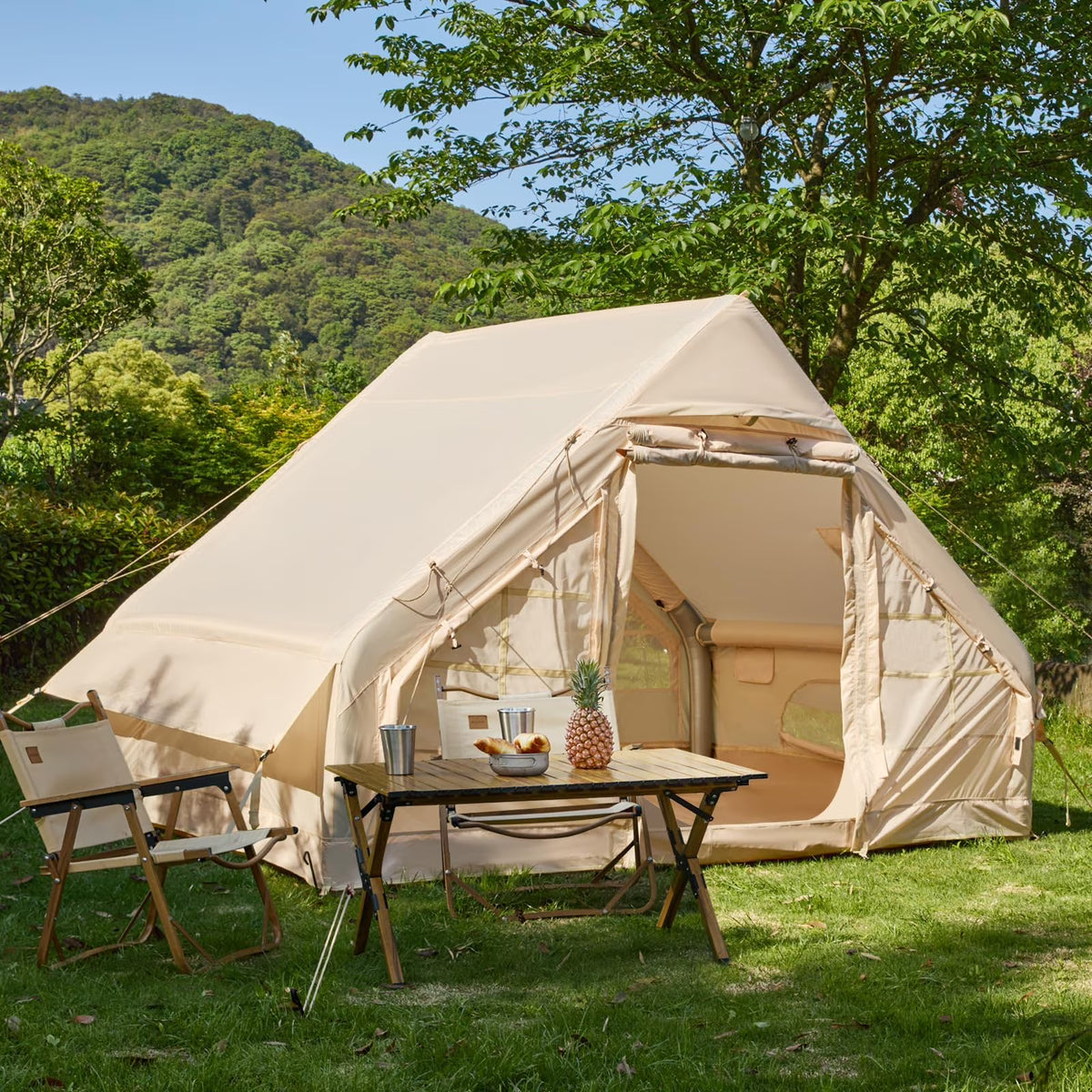 Yoleny 12'x8' Inflatable Tent, 96 SFT Blow Up Tent for Camping, 4 Season Oxford Glamping Tents with Clear Skylight, Pump & Stove Jack