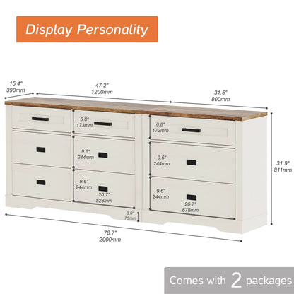 WAMPAT 2 in 1 Dresser with 9 Drawers for Bedroom, Wooden Dressers with Wide Chest of Drawers,Modern Farmhouse Dresser TV Stand with Metal Handles for Living Room, Hallway,Vintage Oak