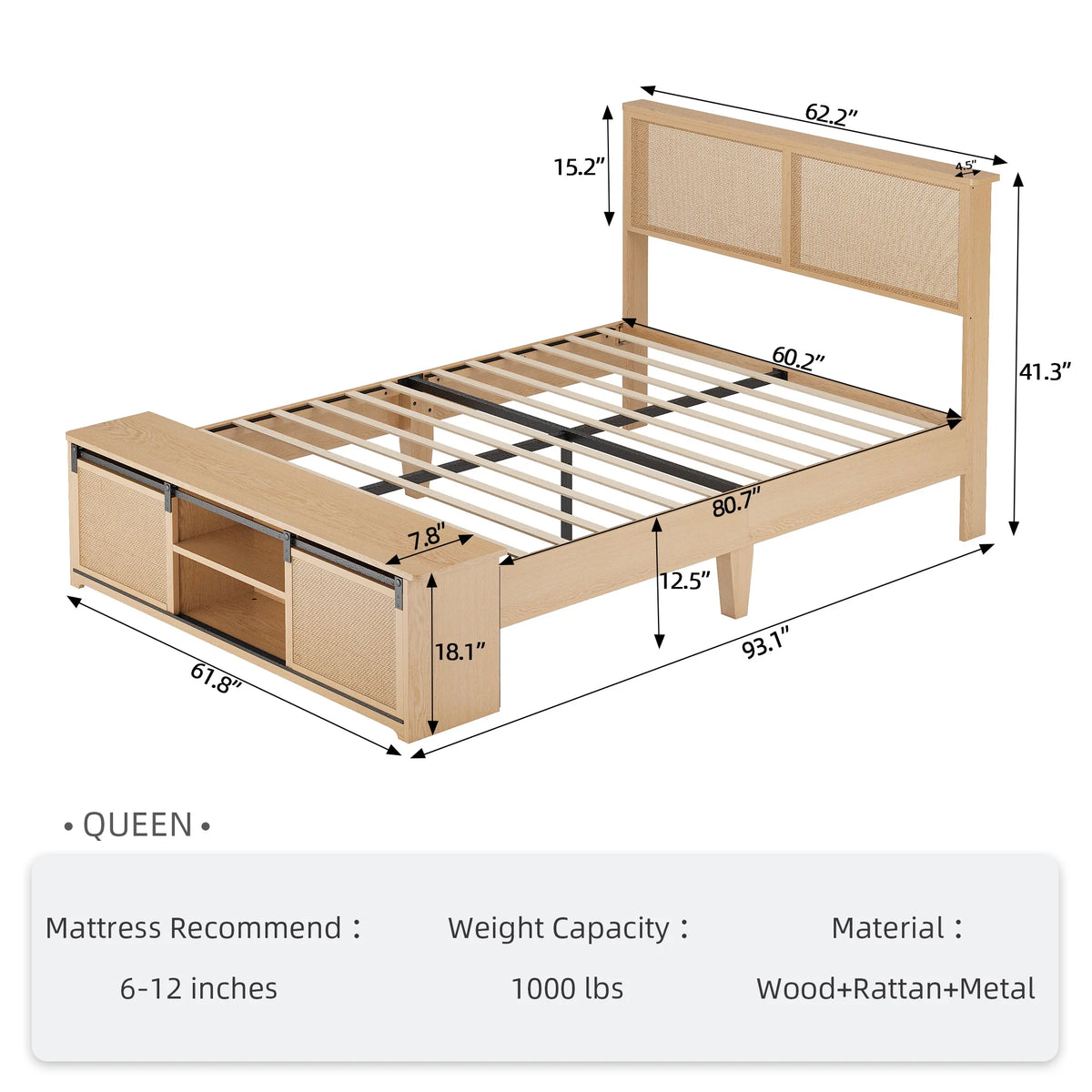Natural Rattan Bed Frame with Sliding Barn Door Storage Cabinets and LED Light Headboard, Farmhouse Wood Platform Bed with Solid Wood Legs Support