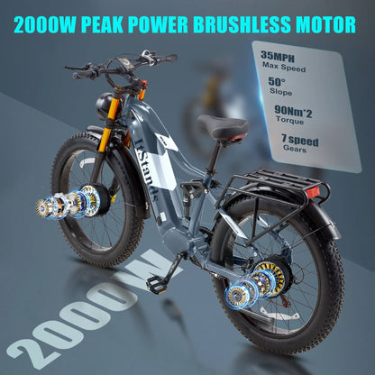 Dual Motors AWD 2000W Electric Bike for Adult 26'' UL2849 48V 30AH E-mountain bike 4.0 Fat Tire up to 35MPH&120Miles Long Range Off-road Ebike Dual Hydraulic Disc Brakes&Ful Suspension Electric Bicyc