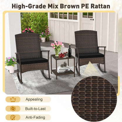 Costway Serenity 3 Piece Patio Rocking Wicker Rockers with White Cushions 2 Tier Coffee Table